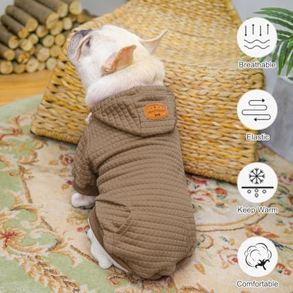 BEAUTYZOO Small Dog Hoodie Sweater with Pockets, Dog Clothes for Small Medium Dogs Boy Girl, Waffle-Like Laminated Cotton Pet Coats with Hat and Leash Hole, Khaki XXS - color: Khaki, size: XXS (Back: 8",Chest: 10", Neck: 7.5")