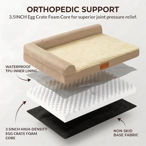 Patas Lague Orthopedic Dog Bed Medium Size Dog 30''X20'', Waterproof L Bolster Medium Pet Sofa Beds with Removable Washable Cover, Soft Pet Couch Crate Mat with Nonskid Bottom, Beige - color: Beige, size: 30"L x 20"W x 3.5"Th
