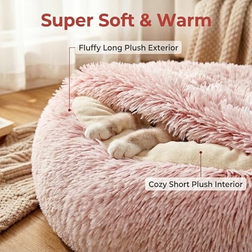 Cozy Zipper Convertible Cat Bed Cave, 2 in 1 Round Plush Donut Dog Bed with Removable Hood, Warm Fuzzy Enclosed Pet Nest Bed for Small Dogs Kittens, Machine Washable (Pink, 19.7 in Small Size) - color: Pink, size: 19.7 in Small Size