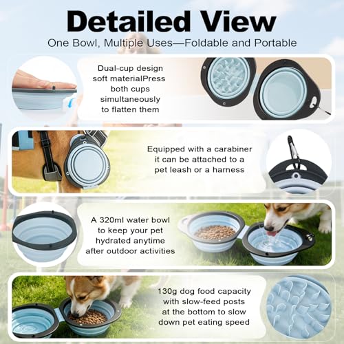 2-in-1 Blue Collapsible Dog Bowls with Carabiner | Foldable Water Bowl(320ml) Foldable Slow Food Bowl(130g) for Dogs Cats Travel Hiking Camping - color: Blue