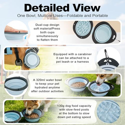 2-in-1 Blue Collapsible Dog Bowls with Carabiner | Foldable Water Bowl(320ml) Foldable Slow Food Bowl(130g) for Dogs Cats Travel Hiking Camping - color: Blue