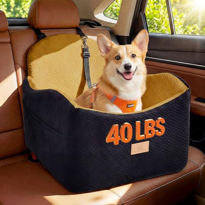 Dog Car Seat for Medium/Small Dogs, Dog Booster Car Seat, Pet Booster Seats Up to 40lbs with Waterproof Layer, 3 Storage Pockets and Safety Belt (Black/Brown) - color: Black/Brown