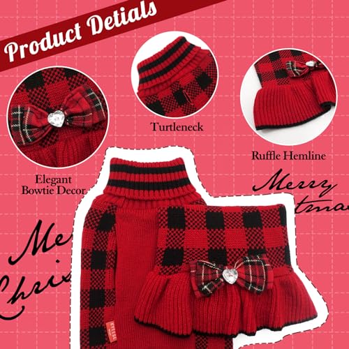 KYEESE Dog Christmas Sweater Dress with Bowtie Checkered, Turtleneck Dog Sweater for Small Dogs Girl with Leash Hole, Holiday Warm Pet Sweaters Dress, Red, Medium - color: 09#Red Plaid, size: Medium (6-13lbs)