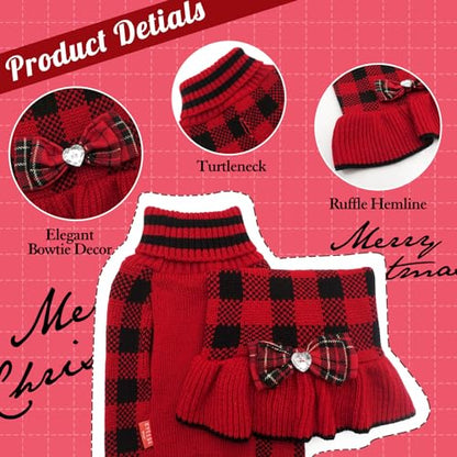 KYEESE Dog Christmas Sweater Dress with Bowtie Checkered, Turtleneck Dog Sweater for Small Dogs Girl with Leash Hole, Holiday Warm Pet Sweaters Dress, Red, Medium - color: 09#Red Plaid, size: Medium (6-13lbs)