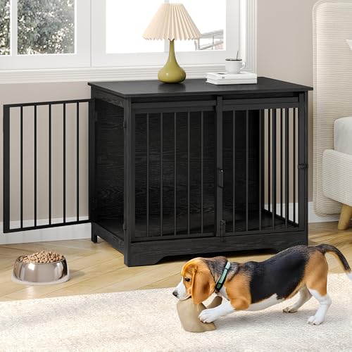 31.9" Dog Crate Furniture with Barn Door, Heavy Duty Dog Kennel Indoor with 2 Doors, Wooden Pet Cage End Table for Small Medium Dogs up to 44 lb, Anti-Chew Anti-Escape, Black DFC83604B - color: Black, size: 31.9"L x 21.7"W x 26.6"H