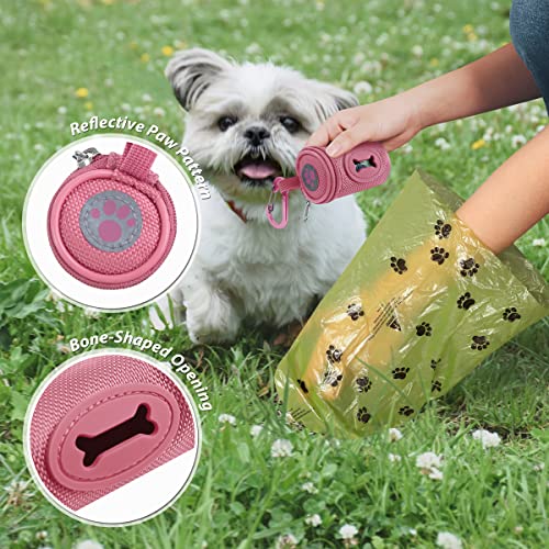 FURHAB Dog Poop Bag Holder for Leash Doggie Waste Bag Dispenser Soft Fabric Puppy Potty Carrier Small Doggy Zipper Pouch with Carabiner Clip 1680D Nylon Oxford with 1 Roll of Pet Trash Bags, Pink - color: Pink
