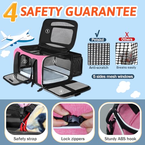 Petskd Top and Side Expandable Pet Carrier 17x11x9.5 Inches Alaska Airline Approved, Soft-Sided Carrier for Small Cats and Dogs with Locking Safety Zippers and Anti-Scratch Mesh(Pink) - color: Pink, size: 17.0"L x 11.0"W x 9.5"H
