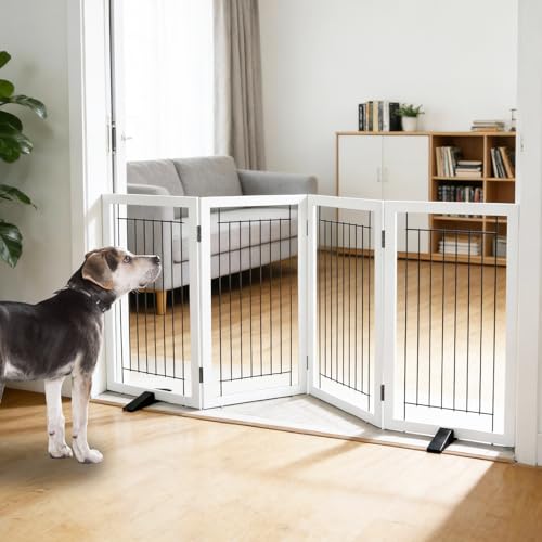 Dog Fence Indoor - 4-Panel Freestanding Dog Gate for Doorways, Hallways, House or Stairs -80x32-Inch Retractable Foldable Expandable Wood Pet by SFJC (White) - color: White, size: 【4 Panels】80''w X 32''h