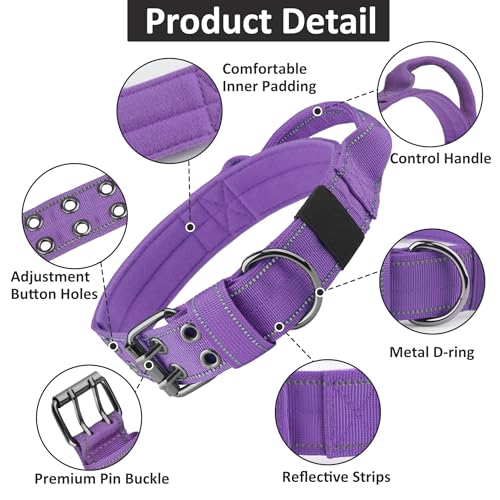 Tactical Dog Collar with Control Handle, Military Adjustable Pet Collar Reflective Heavy Metal Buckle Dog Collar, Soft Nylon Training Collar for Medium Large Dogs (Purple, X-Large) - color: Purple, size: X-Large
