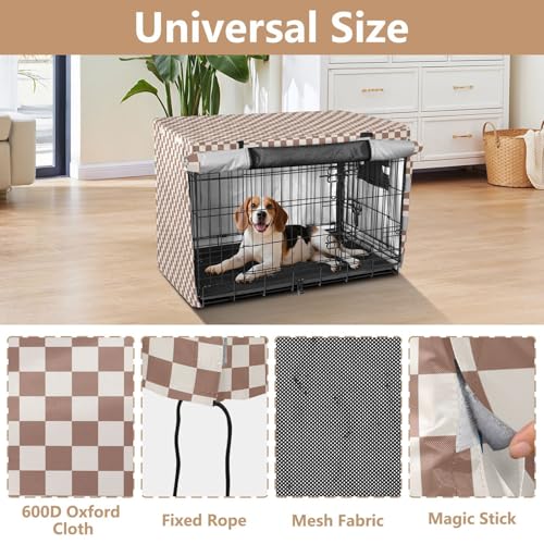 Dog Crates Covers Taupe Plaid Checkered Pet Kennel Cover Rollers Shades - size: S--30 x 19 x 21 inches