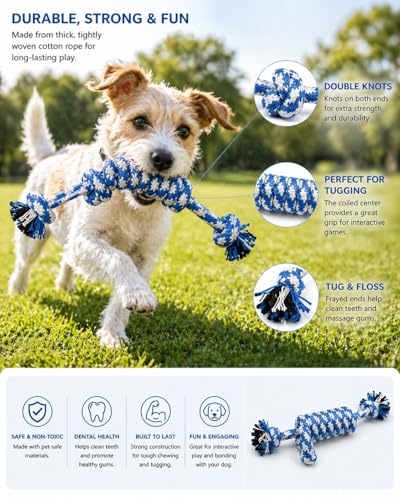Durable Cotton Rope Dog Toy for Small Chewers, Tug of War Chew Toy with Knots, Teeth Cleaning Puppy Toy for Small -Extra Small Dogs, Bite Resistant Fetch Training Toy (Blue) - color: Blue