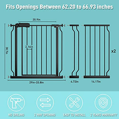 WAOWAO Baby Gate 158-170cm(62-67인치) 엑스트라 와이드 압력 장착 워크 스루 스윙 자동 닫힘 안전 블랙 메탈 유아 어린이 개 애완동물 강아지 계단, 출입구, 주방용 - color: 블랙., size: 62.19-66.92"/158-170cm