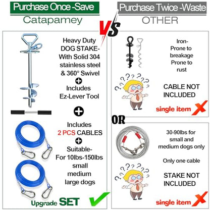 Catapamey Dog Tie Out Cable and Stake,with 2x15 Feet Heavy Duty Cable(up to 200lbs),360° Swivel Dog Run Anchor,Runner for Yard-No Tangle,Ideal for Outdoor Camping