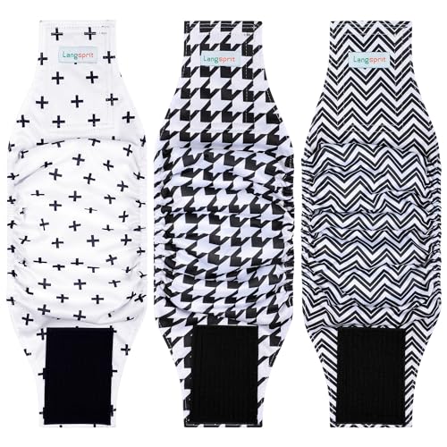 Langsprit Belly Bands for Dogs (Pack of 3) - High Absorbing Dog Wraps - Washable Reusable Male Dog Diapers - color: Black and White, size: X-Small