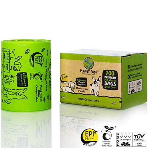 Planet Poop Compostable Dog Poop Bags for Small Pets, Large Single Roll 200 Mini Size Grab & Go, Biodegradable Un-Scented Dog Waste Bags with Handles, Leakproof Doggy Cat Bag, Plant Based Pet Supplies - size: 200 Count (Pack of 1)