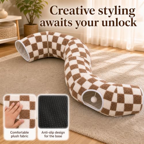 SnugTail Dachshund Tunnel Bed, Brown Checks Design Plush Foldable Dog Cave Bed for Anti-Anxiety, Washable Covered Bed for Miniature Dachshunds, Puppies, Cats, Self-Warming Mat
