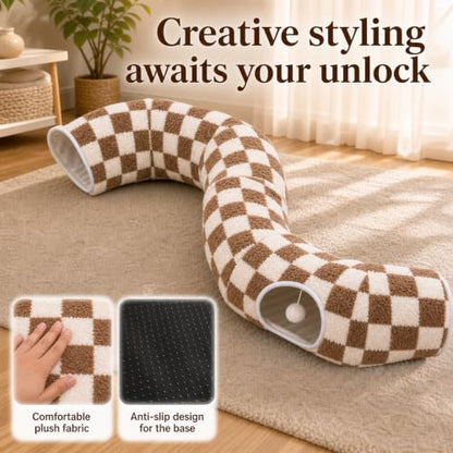 SnugTail Dachshund Tunnel Bed, Brown Checks Design Plush Foldable Dog Cave Bed for Anti-Anxiety, Washable Covered Bed for Miniature Dachshunds, Puppies, Cats, Self-Warming Mat