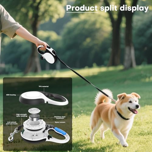 Retractable Dog Leash with Chew Proof Cable,26Ft Heavy Duty Dog Leash for Medium Large Dogs up to 110lbs,360°No Tangle,One-Handed Brake,Pause,Lock(White) - color: White, size: 26ft