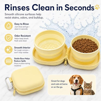 Portable Dog Bowl, Collapsible 2-in-1 Travel Dog Bowls with Carabiner Clip, Silicone Double Pet Food and Water Dish for Outdoor Camping and Hiking (Yellow) - color: Yellow