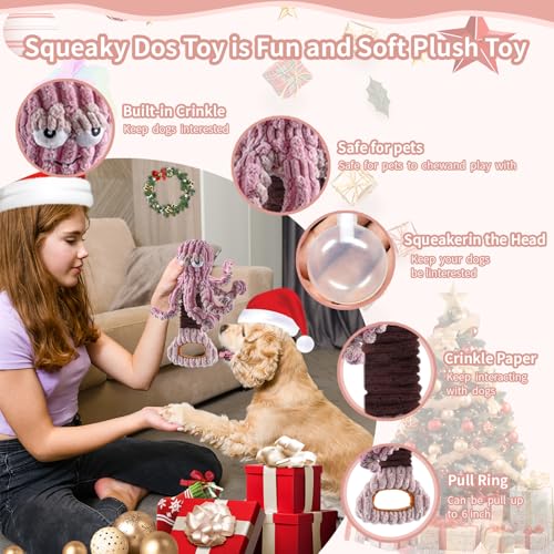 YZHDUXIU Octopus Dog Squeak Toys, Plush Tug of War Dog Toy with Crinkle | Dual sounds: squeaker plus crinkle paper; elastic spring for tug play; soft PP cotton; for dogs 5 to 40 lbs; machine washable - color: Purple Octopus