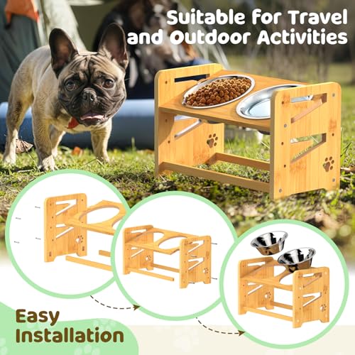 Elevated Dog Bowls, Adjustable Raised Dog Bowl Stand for Medium and Small Dog, 11" High Bamboo Pet Food Feeder with 2 Stainless Steel Dishes（4 Heights） - size: Medium/Small sized dogs