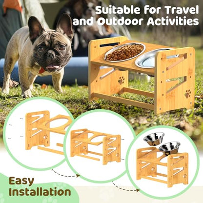 Elevated Dog Bowls, Adjustable Raised Dog Bowl Stand for Medium and Small Dog, 11" High Bamboo Pet Food Feeder with 2 Stainless Steel Dishes（4 Heights） - size: Medium/Small sized dogs