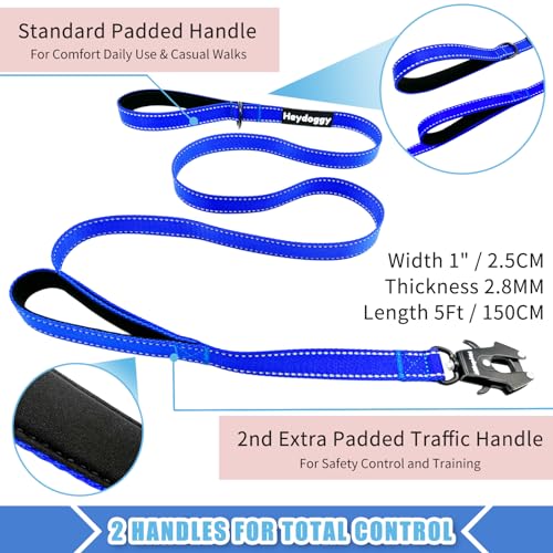 Strong Heavy Duty Dog Leash - 5ft Reflective Nylon Training Leash with Soft Padded Double Handle & Auto Lock Frog Clip - Safety Traffic Control for Large Medium Small Dogs No Pull Walk Dark Blue,5ft - color: Dark Blue, size: 5FT x 1" x 2.8MM