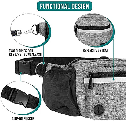PetAmi Dog Fanny Pack, Treat Pouch for Dog Walking, Training, Built in Poop Bag Dispenser, Water Bottle Holder, Collapsible Bowl, Pet Treat Waist Belt for Hiking, Running, Kibbles (Grey) - color: Heather Grey