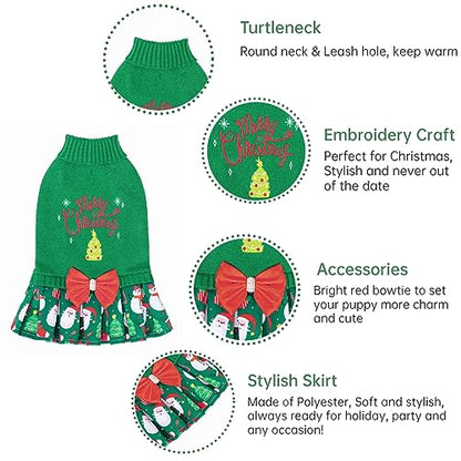 CuteBone Christmas Green Dog Sweater Dress Turtleneck Puppy Sweater with Bowtie Leash Hole Pullover Winter Dress for Small Dogs - color: Merry Christmas 2, size: X-Small