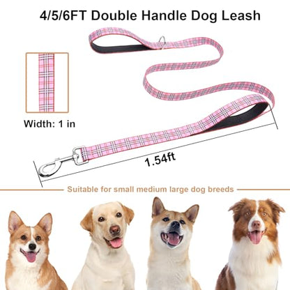 4ft Dog Leash with Two Padded Handles, Heavy Duty Strong Nylon Pet Leash with Soft Neoprene Handle for Small Medium Large Dogs, Pink Plaid - color: Pink Plaid, size: 1 in x 4 ft