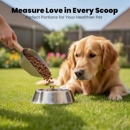 Dog Food Scoop 1 Cup with Clear Measurement Lines, Food Measuring Cup with Long Wooden Handle, 304 Stainless Steel Pet Food Scoop for Dog Cat Food, Coffee, Flour