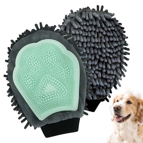 Green Double-Sided Dog Bath Glove Dog Washing Glove Massage Dog Brush Glove for Dogs and Cats Chenille Absorbent Pet Towel Mitt Pet Grooming Glove for Hair Removal Glove