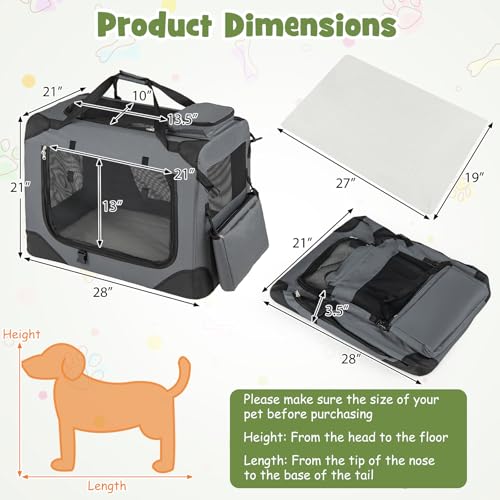 Giantex Folding Soft Dog Crate, 28 Inch Foldable Portable Dog Kennel for Medium Dogs up to 35 lbs, Collapsible Soft-Sided Pet Travel Crate with 5-Sided Mesh, 3 Doors, Washable Mat & Storage Pockets - size: 28.0"L x 21.0"W x 21.0"H