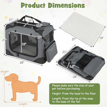 Giantex Folding Soft Dog Crate, 28 Inch Foldable Portable Dog Kennel for Medium Dogs up to 35 lbs, Collapsible Soft-Sided Pet Travel Crate with 5-Sided Mesh, 3 Doors, Washable Mat & Storage Pockets - size: 28.0"L x 21.0"W x 21.0"H
