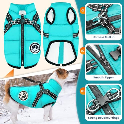 PETCARE Winter Dog Coat with Harness Built in Waterproof Dog Jackets Warm Pet Fleece Vest Windproof Snow Jacket Snowsuit Reflective Dogs Cold Weather Coats for Puppy Small Medium Large Dogs Cats - color: Blue, size: S(Chest 12.6" Suggest 2-3 lbs)
