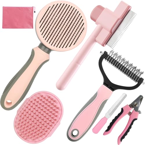 Pet Grooming Kit - 7 PCS Deshedding Brush Set with Slicker, Undercoat Rake, Bath Brush & Nail Clipper for Short & Long Haired Dogs, Cats (Pink) - color: A-Pink