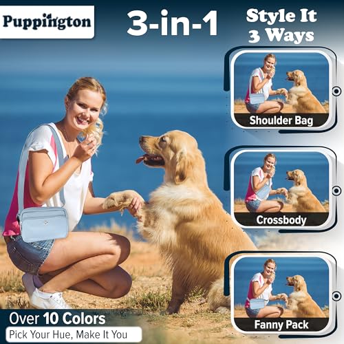 Puppington 3-in-1 Crossbody Dog Walking Bag & Treat Pouch with Matching Planet Safe Poop Bags & Built-In Dispenser - Dog Mom Gift for Puppy Training with Zippered Pockets (Ice Blue) - color: Ice Blue