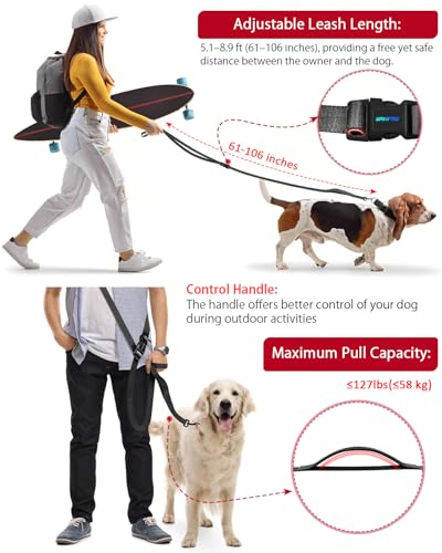 Hands Free Dog Leash, 5.1-8.9Ft Crossbody Long Leash, Waist Dog Belt for Small & Medium Dogs, City Walking & Running Outdoor Hiking &Travel etc. (Black) - color: Black