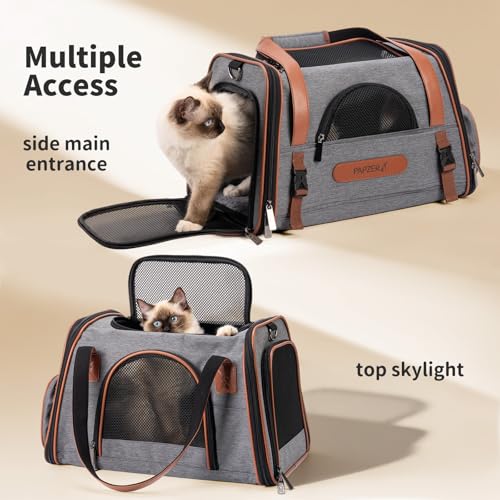 Heavy-Duty Premium Pet Carrier, Medium to Large Cat Carrying Bag with Seatbelt Strap Car Travel, Top & Side Load Crate Durable Foldable Kennel Cage for Small Dogs Under 10 lbs Leather