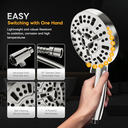 Magnetic Handheld Shower Brushed Nickel,High-Pressure 10-Mode Shower Head with Magnetic Guidance Docking System,Stainless Steel Hose - color: Brushed Nickel