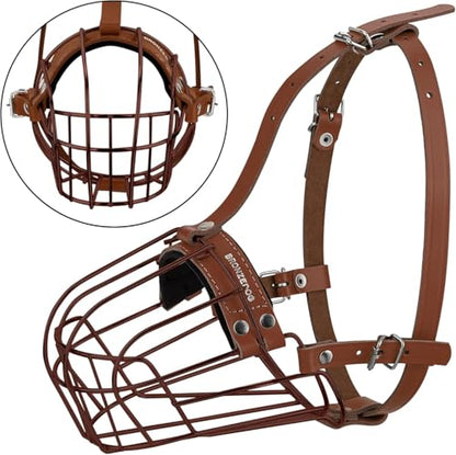 BRONZEDOG Pitbull Dog Muzzle Metal Mask Amstaff Wire Basket Pit Bull Adjustable Leather Straps for Large Dogs (Brown) - color: Leather, Brown Metal
