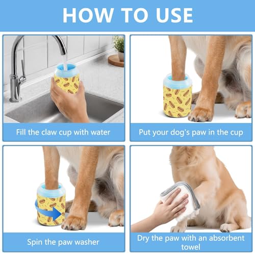 Hot Dog Yellow Print Dog Paw Cleaner Cup with Soft Silicone Brush, Small Portable Lightweight Muddy Paw Washer for Dogs, Easy to Use Pet Foot Cleaner