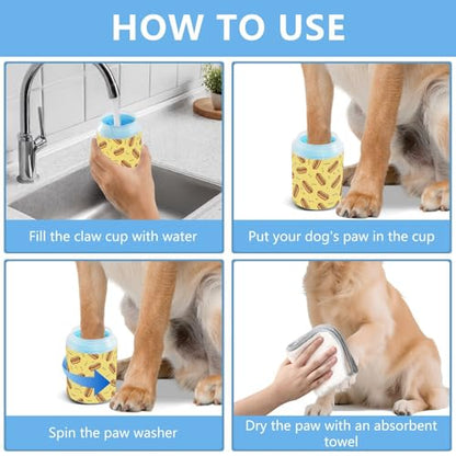 Hot Dog Yellow Print Dog Paw Cleaner Cup with Soft Silicone Brush, Small Portable Lightweight Muddy Paw Washer for Dogs, Easy to Use Pet Foot Cleaner