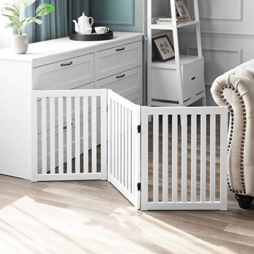 WELLAND Wooden Freestanding Pet Gate, 24 Inch 3 Panel Step Over Fence, Expands Up to 60" Wide, Foldable Indoor Dog Gate Puppy Safety Fence, White - color: White, size: 3 Panel 60" Wide