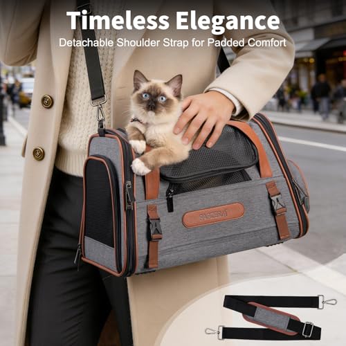 Heavy-Duty Premium Pet Carrier, Medium to Large Cat Carrying Bag with Seatbelt Strap Car Travel, Top & Side Load Crate Durable Foldable Kennel Cage for Small Dogs Under 10 lbs Leather