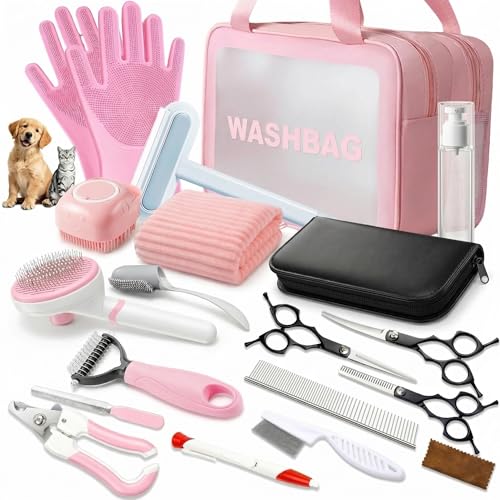19PCS Dog Bath Kit & Dog Brush Kit for Dogs & Cats - Professional Pet Grooming Tools Set with Shedding Brush, Bath Scrubber, Dematting Comb & Storage Bag - Complete Dog Washing Essentials, Pink - color: 19PCS-Pink