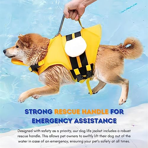 Dog Life Jacket with Cute Bee Design, Extra Chin Support, Reflective Accents and Strong Rescue Handle with Safety Leash Attachment