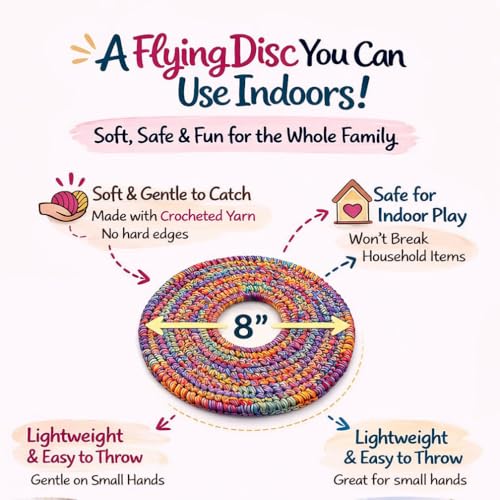 BOONI 8" Hand-Crocheted Cotton Flying Disc – Soft Handmade Frisbee Toy for Safe Indoor - Outdoor Backyard Play