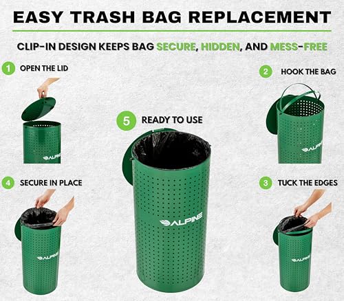 Alpine Dog Waste Station Outdoor - 13.5 Gallon Commercial Green Steel Pet Poop Trash Can for Dog Parks, HOA, Public Areas & Trails