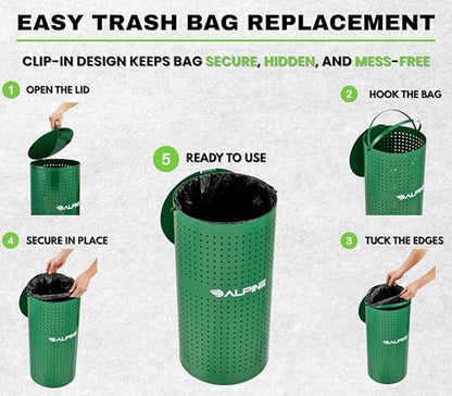 Alpine Dog Waste Station Outdoor - 13.5 Gallon Commercial Green Steel Pet Poop Trash Can for Dog Parks, HOA, Public Areas & Trails